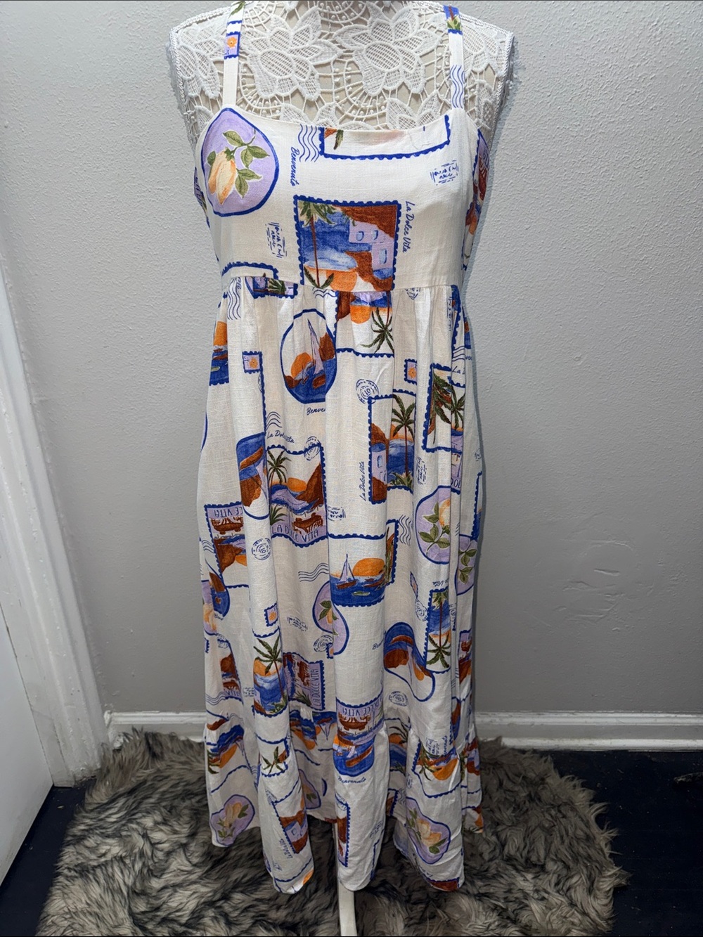 Paper Heart White Maxi Dress with Blue & Orange Coastal Print